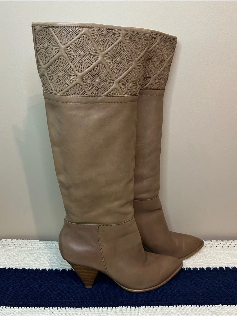 b. makowsky Taupe Over-the-Knee Leather Boots with Embroidered Cuff